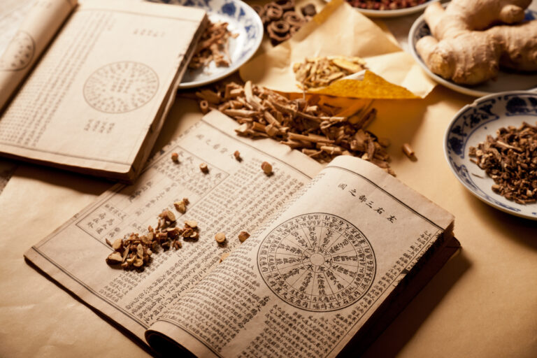 Ancient Chinese medical books in the Qing Dynasty, the Chinese herbal medicine on the table