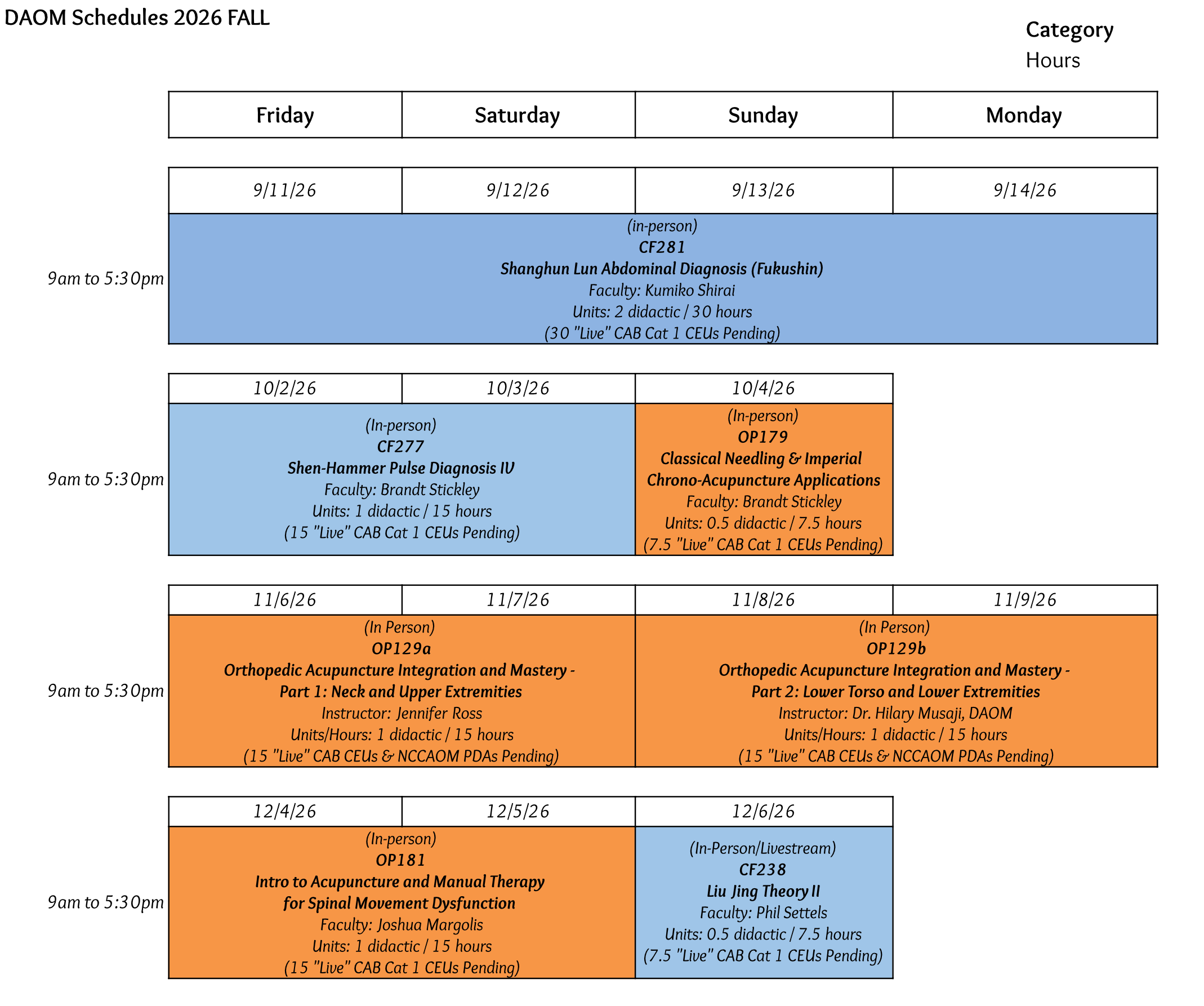DAOM Class Schedule - Fall 20267
